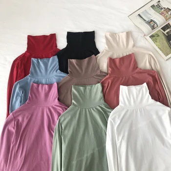 9colors 2019 podzim preppy styl pevná barva základní rolák dlouhý rukáv t košile dámské tričko femme vrcholy oříznuté (C2082)