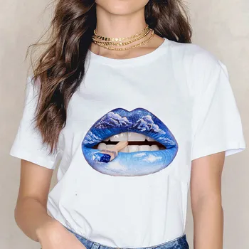 2021 Módní Ženy Trička Letní Žen O-Neck Plus Velikost Rty Tisk Měkké Kauzální Krátký Rukáv T-shirt Top Camisetas Mujer