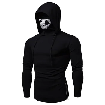 T-shirt Pánské Stretch Fitness Muž Ninja s Kapucí Dlouhý Rukáv T-košile Lebka Maska