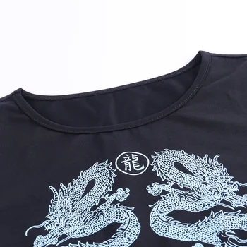 InstaHot Ležérní Černé O krku T tričko Dragon Print Slim Ostříhané Top High Street Ženy Krátký Rukáv Letní Lady Slim t shirt Topy