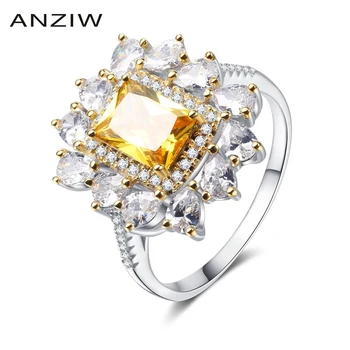 Luxusní Ženy Velký Květ Žluté Halo Prsten 925 Mincovní Stříbro Zásnubní Prsten Šperky pro Ženy Strana Dárek bagues femmes