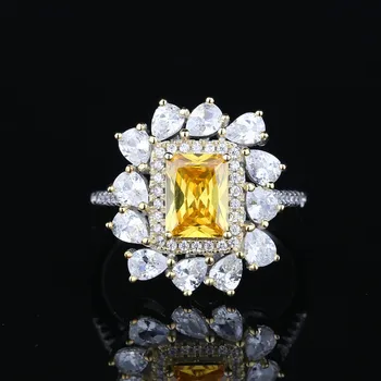 Luxusní Ženy Velký Květ Žluté Halo Prsten 925 Mincovní Stříbro Zásnubní Prsten Šperky pro Ženy Strana Dárek bagues femmes
