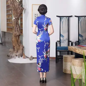 Modré Módní Čínský Styl Cheongsam Nový Příchod Letní Dámské umělé Hedvábí Dlouhé Šaty Elegantní Slim Qipao Lady Vestidos Plus Velikosti S-6XL