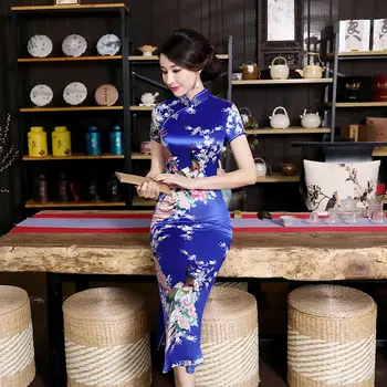Modré Módní Čínský Styl Cheongsam Nový Příchod Letní Dámské umělé Hedvábí Dlouhé Šaty Elegantní Slim Qipao Lady Vestidos Plus Velikosti S-6XL