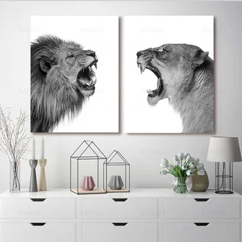 2 kusy Plátna Obraz Lva a Lvice Plakát Zvířat Zeď Umění Tisk Obrázku v Černé, Bílé Lesy pro Obývací Pokoj Domácí Dekor