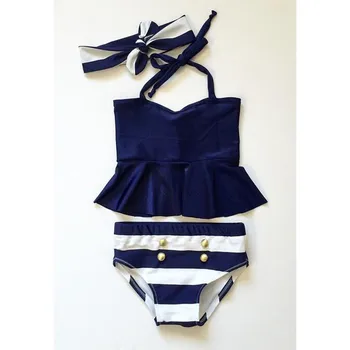 Módní Ležérní Slim Pruhované Děti Baby Girl Bikini Suit Navy 3ks set Plavky Plavky Koupání, Plavání, Letní Oblečení