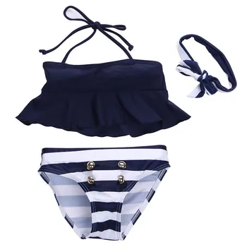 Módní Ležérní Slim Pruhované Děti Baby Girl Bikini Suit Navy 3ks set Plavky Plavky Koupání, Plavání, Letní Oblečení
