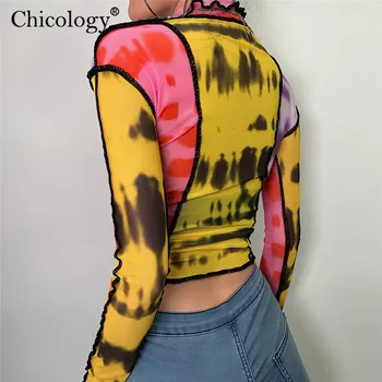 Chicology tie dye print mesh sexy T-shirt patchwork estetické dlouhý rukáv tričko 2019 podzim zima ženy top party club šaty
