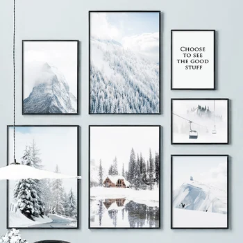 Zimní Snow Mountain Forest Cypress Krajiny Wall Art Malířské Plátno Nordic Plakáty A Tisky, Nástěnné Obrázky Pro Obývací Pokoj Dekor