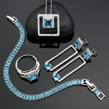 Stříbro 925 Šperky Sady Pro Ženy Nebesky Modré Zirkony, Bílý Crystal Prsten, Náramek, Náušnice, Přívěsek Náhrdelník Stříbrný Set