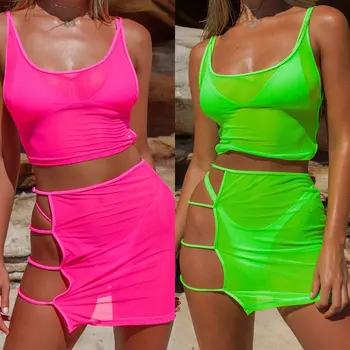 OMSJ Neon Green Růžová Sexy Krátký dvoudílný Set Crop Top a Sukně Oblek Odpovídající Sady Letní Oblečení pro Ženy Ropa Mujer 2019