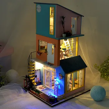 3D Dřevěné DIY Miniatura Domu Bloky Kombinace Villa Happy Sweet Living Games S Nábytkem LED Světla Dárek k Narozeninám