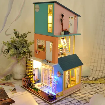 3D Dřevěné DIY Miniatura Domu Bloky Kombinace Villa Happy Sweet Living Games S Nábytkem LED Světla Dárek k Narozeninám