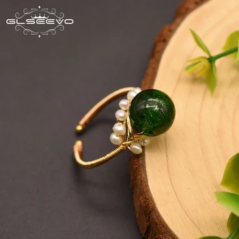 GLSEEVO Zelené Sklo Přírodní sladkovodní Perlový Prsten Pro Ženy, Dívka Milovníky Svatební Zásnubní Večírek Dárek Luxusní Šperky GR0252