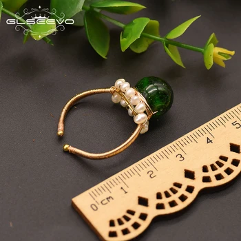 GLSEEVO Zelené Sklo Přírodní sladkovodní Perlový Prsten Pro Ženy, Dívka Milovníky Svatební Zásnubní Večírek Dárek Luxusní Šperky GR0252