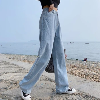 Džíny Dámské s Vysokým pasem Širokou nohu Vytírání Ležérní Jednoduché korejský Styl Dámské Pevné Streetwear Letní Módní Volné Denní Vintage