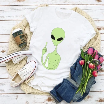 Ženy Grafické Cartoon Alien Space Vesmír Tisk Letní Tričko Košile Topy Lady Oblečení Dámské Oblečení Tričko Ženy T Košile
