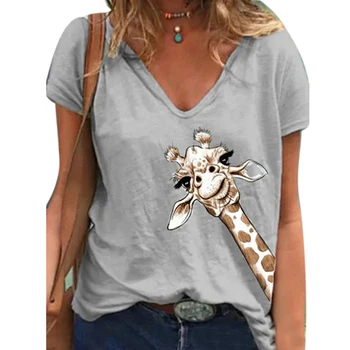 Topy Ženy Letní Ležérní Krátký Rukáv V Krku Žirafa Tisk Bavlna T-košile Top Dámské Oblečení женские футболки 2020