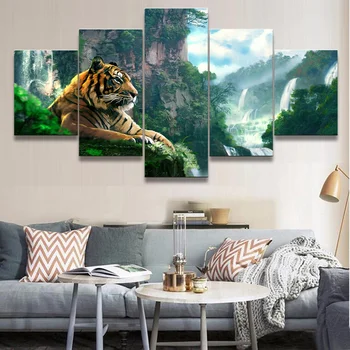5 Panel Tygr A Horské Vodopád Domácí Obývací Pokoj Dekorace Obrázky HD Vytištěný Plakát Moderní Nástěnné Umění Malířské Plátno