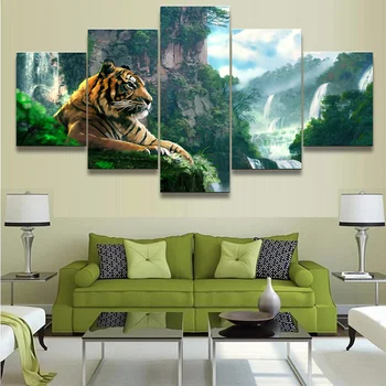 5 Panel Tygr A Horské Vodopád Domácí Obývací Pokoj Dekorace Obrázky HD Vytištěný Plakát Moderní Nástěnné Umění Malířské Plátno