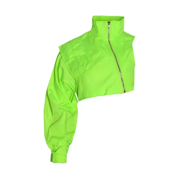 2019 Elegantní neon zelené krátké sako dámské kabáty a bundy podzim bunda sexy Jedno Rameno Asymetrické černé bundy kabáty Žena