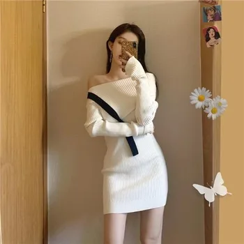Bílé Pletené Značkové Šaty Ženy Podzim Patchwork Sexy Slim Párty Mini Šaty Ženy Elegantní Japonské Korejské Šaty Ženy 2020 Nové