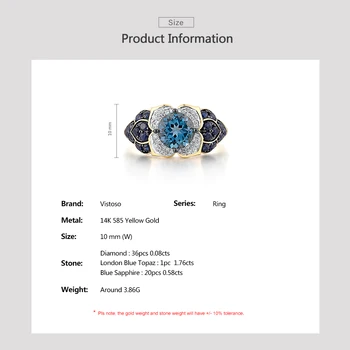 VISTOSO Zlatý Prsten Pro Ženy Pure 14K Žluté Zlato 585 Šumivé Přírodní Londýn Blue Topaz, Safír Diamant Okouzlující Jemné Šperky