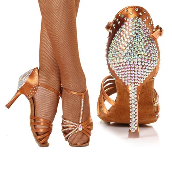 High-grade dovážené Diamond satin Střední podpatek Taneční boty latinské tance boty ženy Dospělý Výkon Boty Profesionální taneční sál
