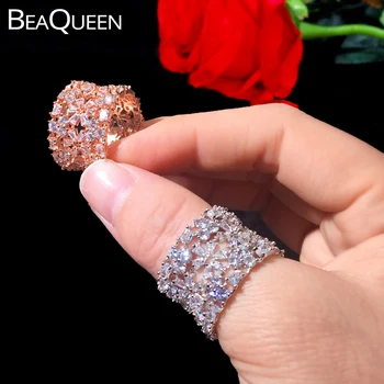 BeaQueen Ohromující 15mm Rose Zlatá Barva Zirkony Velký Široký Kruh, Kulatý Snubní prsteny Jemnější Prsteny Šperky pro Ženy R102