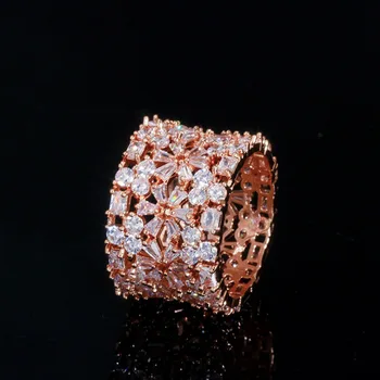BeaQueen Ohromující 15mm Rose Zlatá Barva Zirkony Velký Široký Kruh, Kulatý Snubní prsteny Jemnější Prsteny Šperky pro Ženy R102