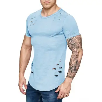 2021 Nové Letní Krátký Rukáv T Shirt Muži Módní Díru Navržen Fitness T-shirt Solid Color Slim Fit Hip Hop pánské tričko MY068