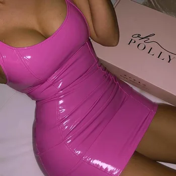Sexy Růžové PU Kůže Bodycon Šaty 2019 Nové Letní Ženy bez Rukávů hluboký výstřih Zpět Zip Elastické Mini Šaty Party Club Šaty
