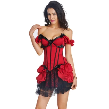 Sladuo Sexy Ženy Gothic Červený A Černý Satén S Mašlí Off Rameno Horké Tělo Shaper Steampunk Oblečení Kostým Overbust Korzet Šaty