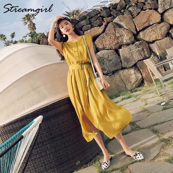 Streamgirl Maxi Šifon Šaty Pro Ženy Ležérní Letní 2020 Žlutý Office Krajky Uo Šaty S Butoons Volné Dlouhé Letní Šaty OL