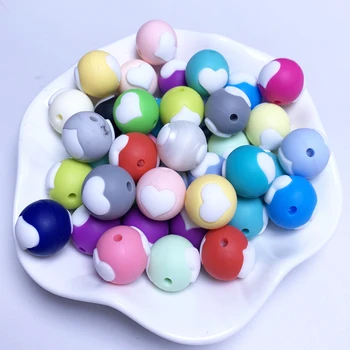 50KS DIY rainbow kulaté korálky s srdce tvar-silikonové kousací volné korálky pro DIY náhrdelník-BPA FREE loose ball korálky kousátko