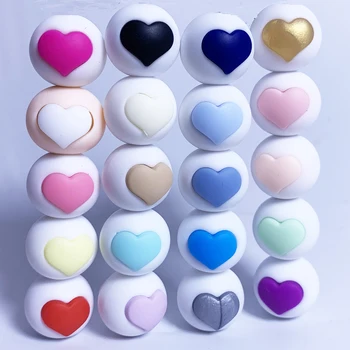 50KS DIY rainbow kulaté korálky s srdce tvar-silikonové kousací volné korálky pro DIY náhrdelník-BPA FREE loose ball korálky kousátko