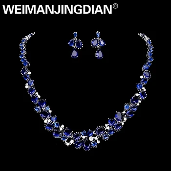 WEIMANJINGDIAN Značka Zářící Jasné nebo Modré Zirkony CZ Crystal Náhrdelník & Náušnice Svatební Party Šperky Set