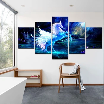 Plátno Tisknout Modulární Plakát Pro Pokoj Dekor, Malba, Rám 5 Panel Zvíře Kůň Fantasy Jednorožec Pegasus Umění Zdi Obraz