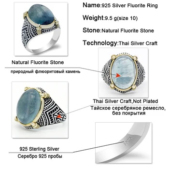 Mužské Prsteny, 925 Sterling Silver Modrá Přírodní Kámen Fluorit CZ Retro Punk Vintage Stylu Jedinečné Party/Svatební Dar Jemné Šperky