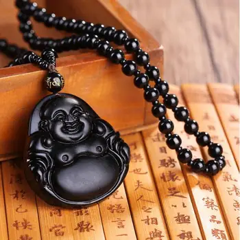 Unikátní Černý Obsidián Vyřezávané Buddha Štěstí, Amulet, Přívěsek Náhrdelník Pro Ženy Muži Šákjamuni Buddha Náhrdelník Přívěsky Kámen Šperky