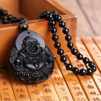 Unikátní Černý Obsidián Vyřezávané Buddha Štěstí, Amulet, Přívěsek Náhrdelník Pro Ženy Muži Šákjamuni Buddha Náhrdelník Přívěsky Kámen Šperky