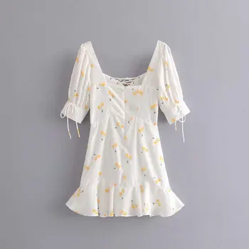 Elegantní vintage letní dámské bílé šaty žluté cherry popruh puff sleeve vysokým pasem, podšívka hedvábí jako beach mini šaty dívky