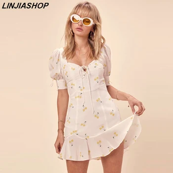 Elegantní vintage letní dámské bílé šaty žluté cherry popruh puff sleeve vysokým pasem, podšívka hedvábí jako beach mini šaty dívky