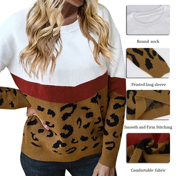 Dámské Leopard Tisk Pletený Svetr S Kulatým Límcem Dlouhé Rukávy 2020 Podzimní Móda Vintage Ležérní Streetwear Svetry Lady