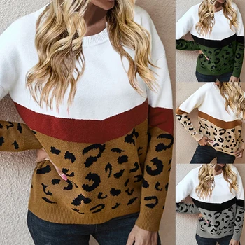 Dámské Leopard Tisk Pletený Svetr S Kulatým Límcem Dlouhé Rukávy 2020 Podzimní Móda Vintage Ležérní Streetwear Svetry Lady