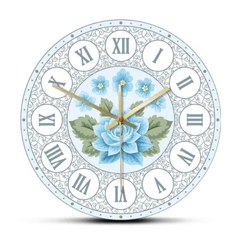 Modrá Růže Květiny Vintage Římské Číslice Nástěnné Hodiny Quartz Nástěnné Hodinky Pro Obývací Pokoj Domácí Výzdoba Ložnice Wall Art Clock