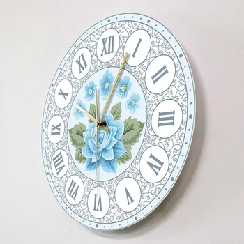 Modrá Růže Květiny Vintage Římské Číslice Nástěnné Hodiny Quartz Nástěnné Hodinky Pro Obývací Pokoj Domácí Výzdoba Ložnice Wall Art Clock