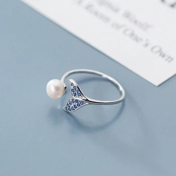 Modian Modrý Krystal Mořská panna Ocas Elegantní Pearl Otevřít Nastavitelný Prsten pro Ženy Real 925 Sterling Silver Zvíře Ring Jemné Šperky