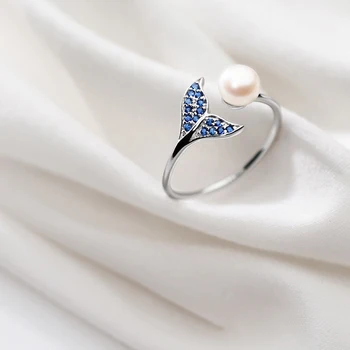 Modian Modrý Krystal Mořská panna Ocas Elegantní Pearl Otevřít Nastavitelný Prsten pro Ženy Real 925 Sterling Silver Zvíře Ring Jemné Šperky