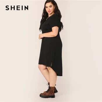 SHEIN Plus Velikost Černé Split High-Low Lem Plná Tunika Šaty 2019 Ženy Letní Příležitostné Rozdělení Směny Základy Rovnou Šaty Plus
